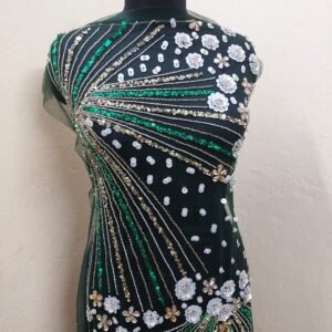 Forest Green Linear Beaded & Rosette Mesh