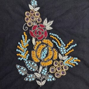 Jeweled Rose & Silver Foliage Embroidery Motif